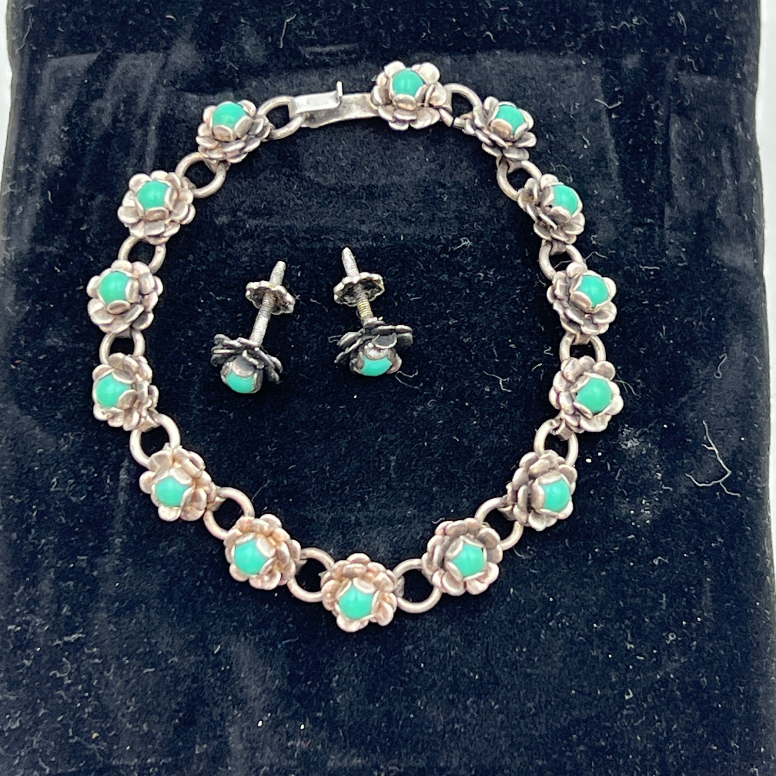 Vintage Mexican Silver Turquoise Floral Bracelet & Post Earrings